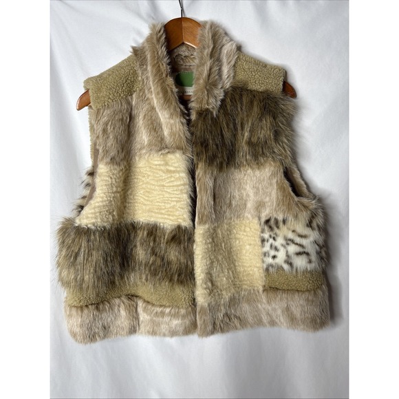 Anthropologie L Marlena Faux Fur Vest Leopard Patchwork‎ Women's Beige - Picture 2 of 10